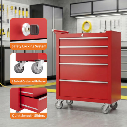 PeakPursuit 5-Drawers Rolling Tool Chest, Portable Tool Box with Wheels and Lock System, Secure Storage Cabinet for Warehouse, Workshop, and Repair Shop, Red