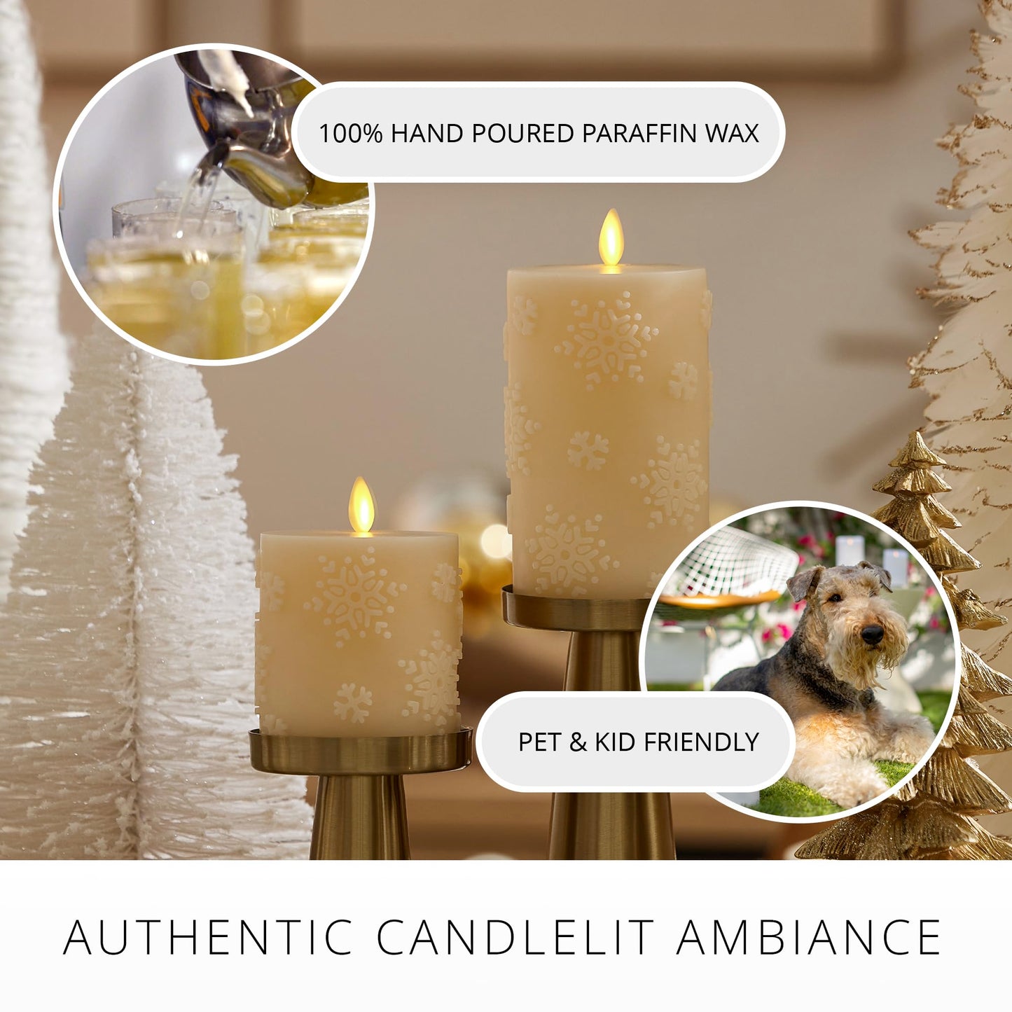 Luminara White Swan Snowflake Embossed Flameless LED Candle, 3.2" x 4.5", Moving Flame, Safe Timer Feature, Real Wax, Battery Operated Home Décor