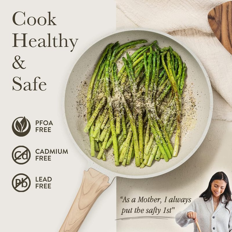 CAROTE Non Stick Frying Pan Skillet, Omelet Pan, Healthy Non Toxic Granite Chef Pan, Induction Compatible Egg Frying Pan with Heat-Resistant Handle, PFOA-Free, Cream White, 12"
