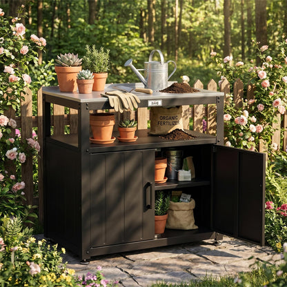 Feasto Outdoor Potting Bench with Storage, Stainless Steel Tabletop Garden Work Bench with Storage Cabinet & Removable Inner Shelf for Patio Lawn Outdoor Gardening