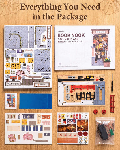 Rolife Book Nook Kit - Sakura Wine Alley 3D Wooden Puzzle | Japanese-Inspired Miniature Dollhouse Decor for Book Lovers
