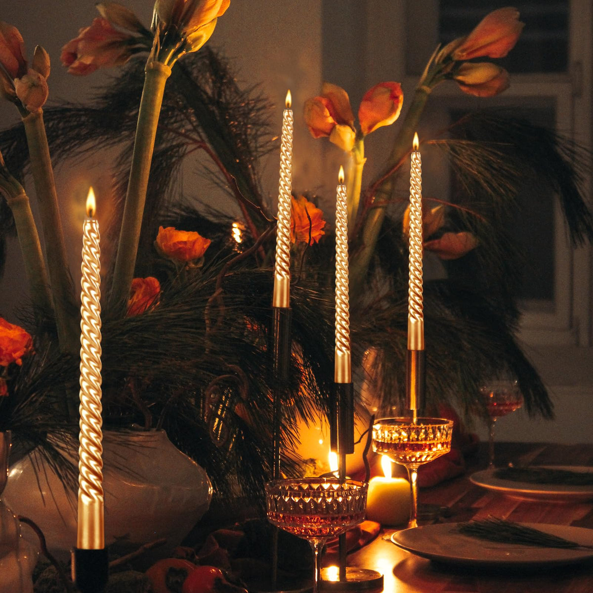Taper Candles, 10 Inch - Set of 4 Metal Style Tapered Candles, Spiral Taper Candle, Golden, for Home Dinner, Party, Wedding, Halloween