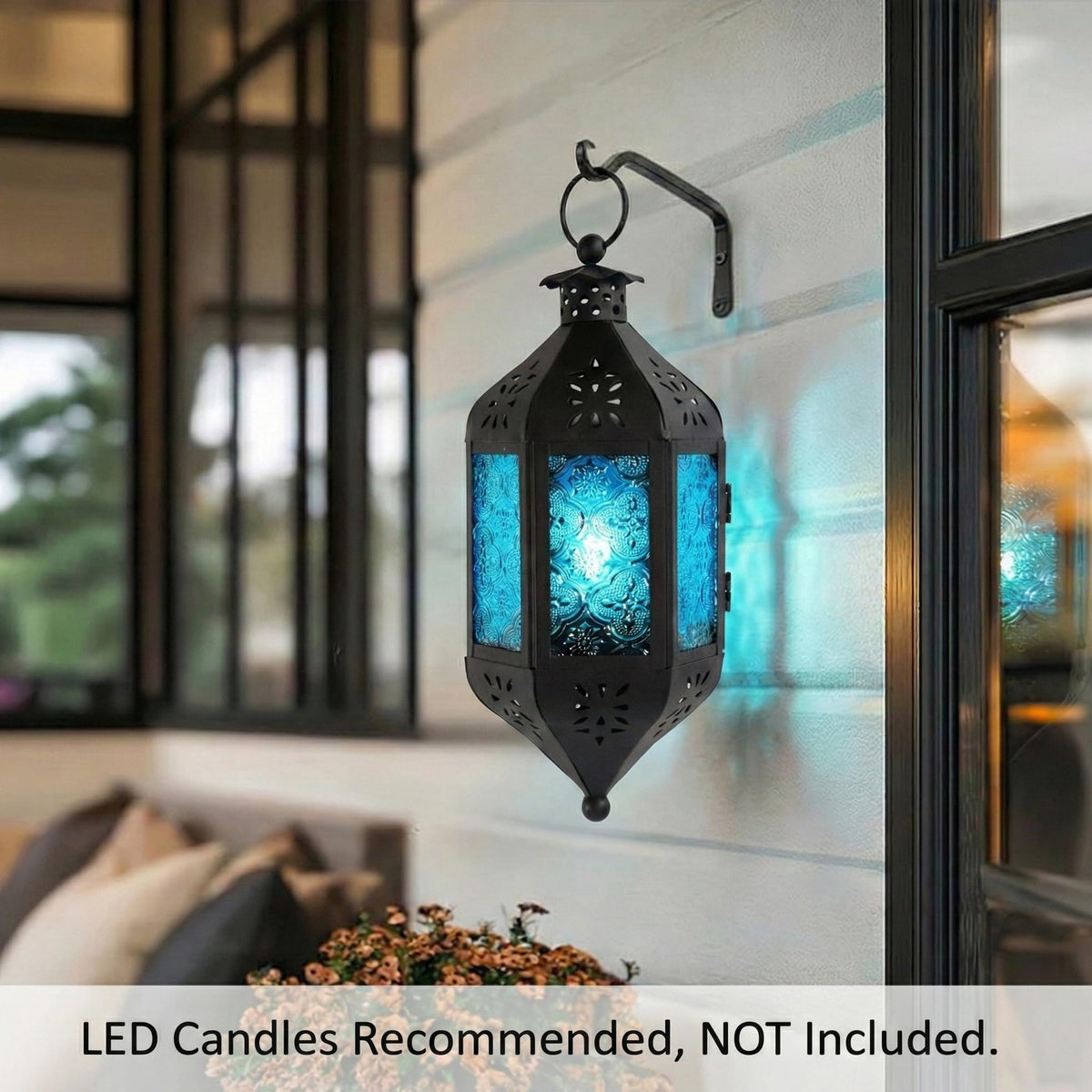 Vela Lanterns Hanging Moroccan Lamp - Exotic Decorative Patio & Porch Decor, Indoor Outdoor Tea Light Candle Lantern Holder with Chain (11" Medium, Blue Glass, 3-Pack)