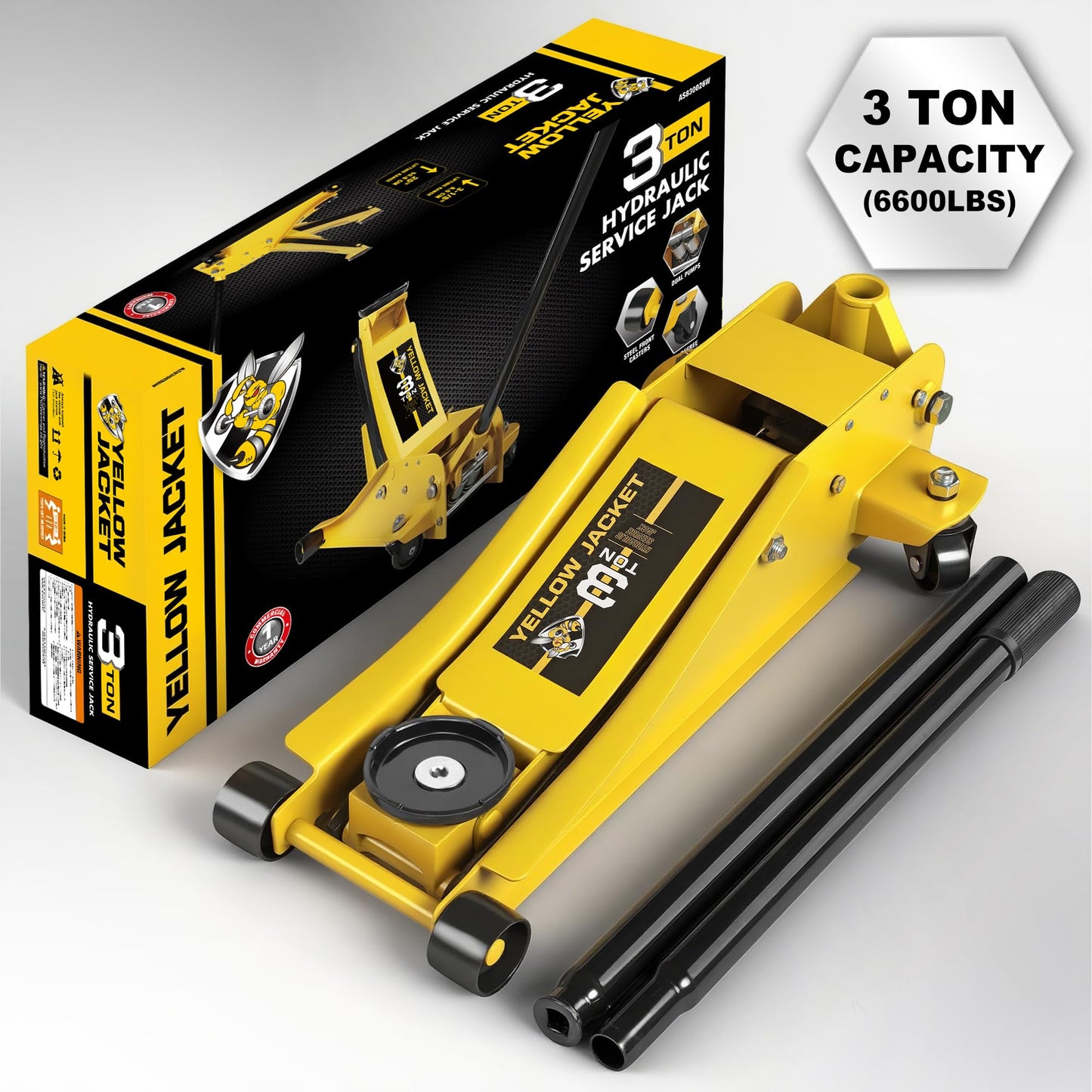 YELLOW JACKET 3 Ton Hydraulic Floor Jack Dual Pump for Quickly Car Lift, Low Profile Service Jack, 6600 lb Capacity