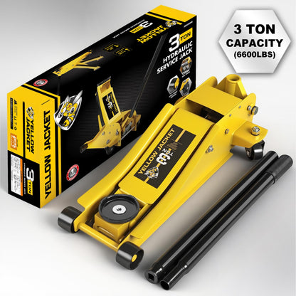 YELLOW JACKET 3 Ton Hydraulic Floor Jack Dual Pump for Quickly Car Lift, Low Profile Service Jack, 6600 lb Capacity