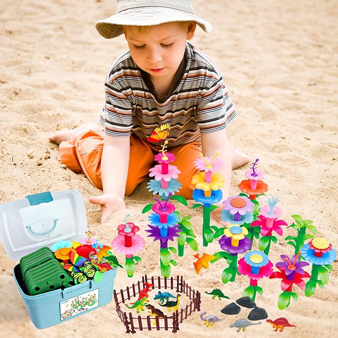 Toys Gifts for Toddlers Boys Girls Age 2 3 4 5 6 167 PCS Dinosaur Flower Garden Building Blocks STEM Fine Motor Skill Stacking Games Easter First 1st Birthday Gifts for Preschool Kids 2+ Years Old
