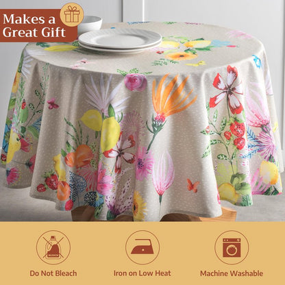 Maison d' Hermine Table Cloth Round Table 100% Cotton 69 Round Inches Tablecloth Reusable Decorative for Dining Kitchen Room Farmhouse Home Gifts for Mothers Day Spring Summer - Jardin D'Ete - Fog