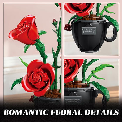 Red Roses Flowers Building Block Set with Coffee Cup Vase for Adults Compatible with Lego Flower 450PCS Rose Botanical Collection Kit for Valentine's Day Home Decor Gift for Girlfriend/Wife/Mom