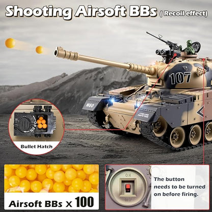 1:18 RC Tank 2.4Ghz US M60 Remote Control Tank Model Toys Battle Army Toy with Recoil Smoke Sound and Lights Military RC Vehicle for Adults and Kids That Shoots BBS