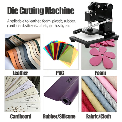 Leather Die Cutter Machine, 4.9”x3.5” Manual Leather Clicker Press Embossing Machine Heavy Duty Die Cutting Tool with 7X Round Dies for DIY Leathercrafts Fabric Rubber Plastic Cardboard