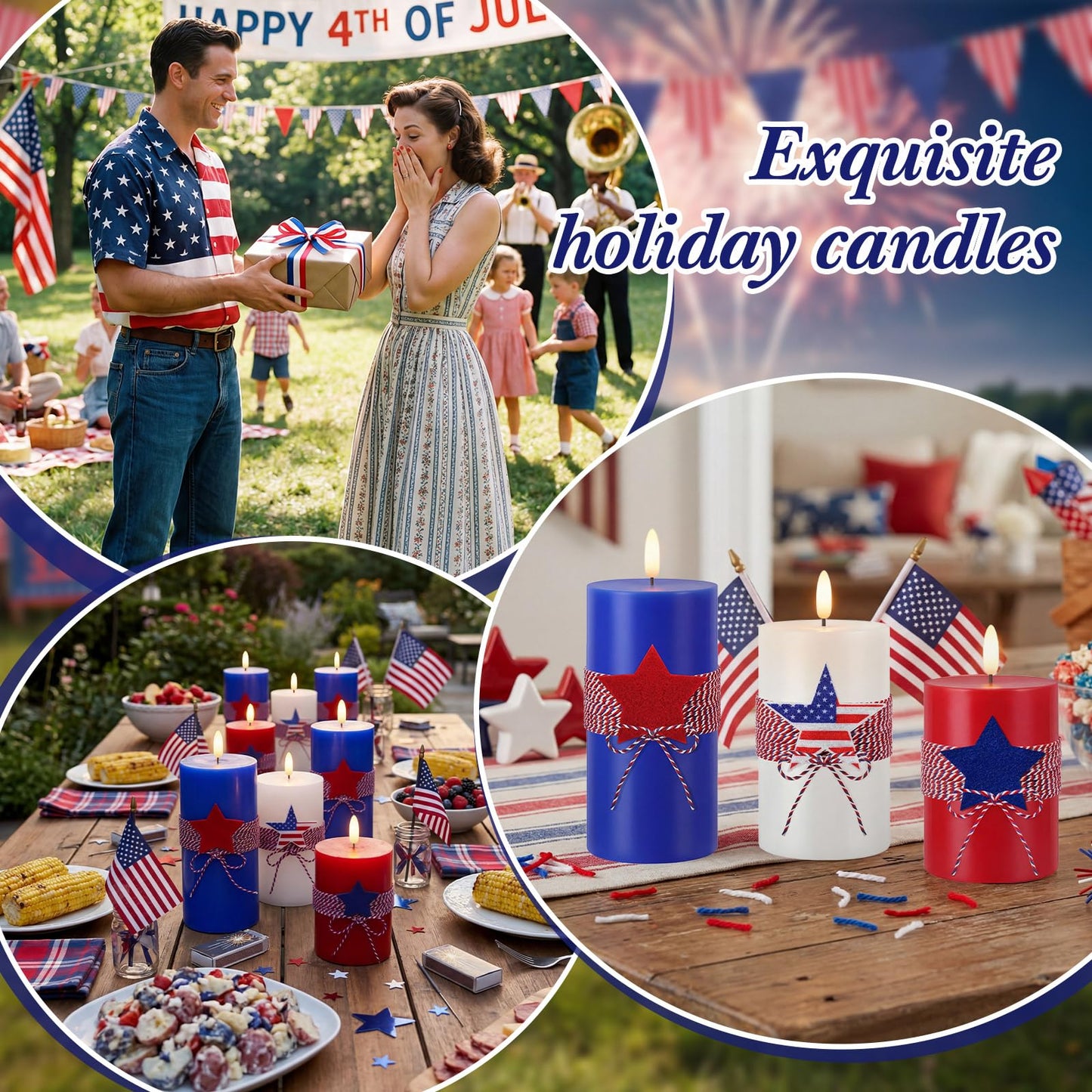 4th of July 4" 5" 6" Flameless Pillar Candles with Remote, Set of 3 Patriotic Red White Blue Battery Operated LED Candle with Star Felt, Independence Day Decorations for Home Party Table Fireplace