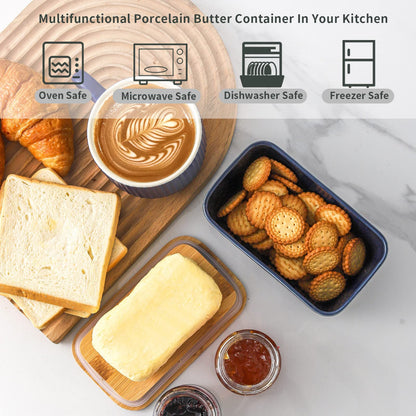 Hasense Ceramic Butter Dish with Lid, Butter Container for Countertop Airtight Butter Stick Covered Keeper,Navy Blue Embossed Pattern,Easy Clean Dishwasher Safe