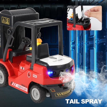 RC Forklift with Trailer Kids Forklift Construction Toys Set with Lift Fork &amp Hook &amp Flatbed 11 Channel Kids Forklift Toy with Light &amp Sound &amp Spray Gift for Kids 6+ (Red)