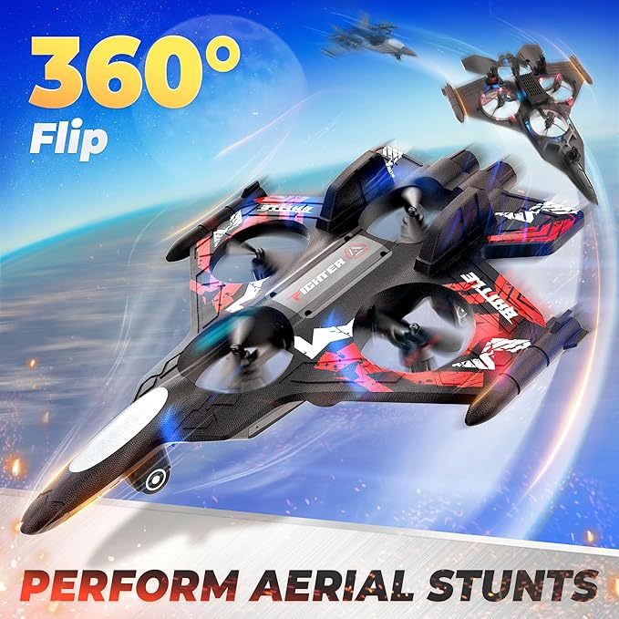 BEZGAR RC Plane | 2.4GHZ Remote Control Airplane Mini Stunt Plane Helicopter 360° Flip Fighter Jet Toy with Colorful LED Navigation Lights Red Toys for ages 8-13