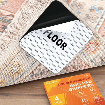 BAGAIL Non-Slip Rug Grippers - 4 Reusable Double-Sided Adhesive Corner Pads for Hardwood & Tile Floors | 4x4in