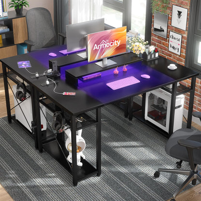 armocity Computer Desk with LED Lights, 48 Inch Reversible Large Desk with Power Outlet and USB, 48'' Gaming PC Table with Moveable Monitor Stand for Home Office, Workstation, Black