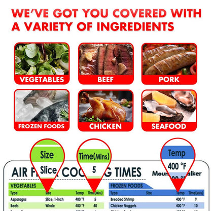 Air Fryer Magnetic Cheat Sheet Set - 100+ Food Cooking Times Chart with Large Clear Font - Air Fryer Accessories Magnetic Sheet for Ninja, Cosori, Instant Vortex - Waterproof & Durable (3-Piece)