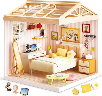 DIY Miniature House Kit Gift for Teens Mini Dollhouse with Roof &amp Dust Covers Light Furniture Creative Crafts for Adults for Mini Figures &amp Christmas Decor Gift Idea