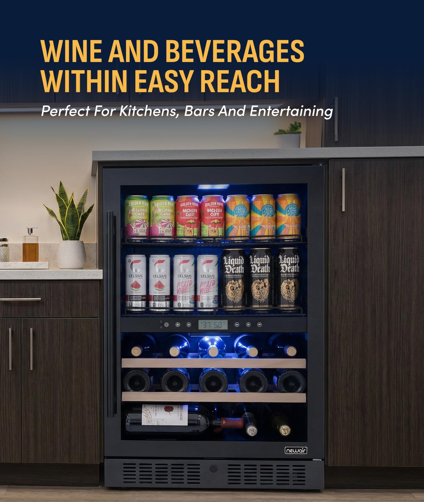 NewAir 24" Dual Zone Beverage Refrigerator & Wine Cooler for 24 Bottles & 100 Cans | Freestanding or Built-In Under Counter Mini Fridge for Beer, Wine and Soda | Stainless Steel