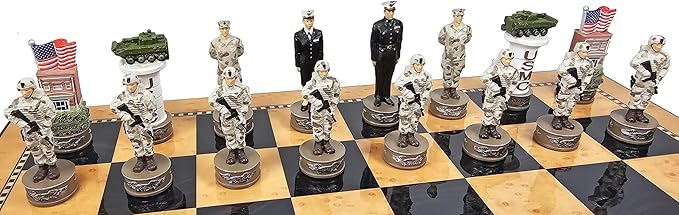 US Military Chess Set Army Navy Air Force or Marines. Choose 2 Branches of Men with 17 inch Walnut Color Storage Board (Army vs Marines)