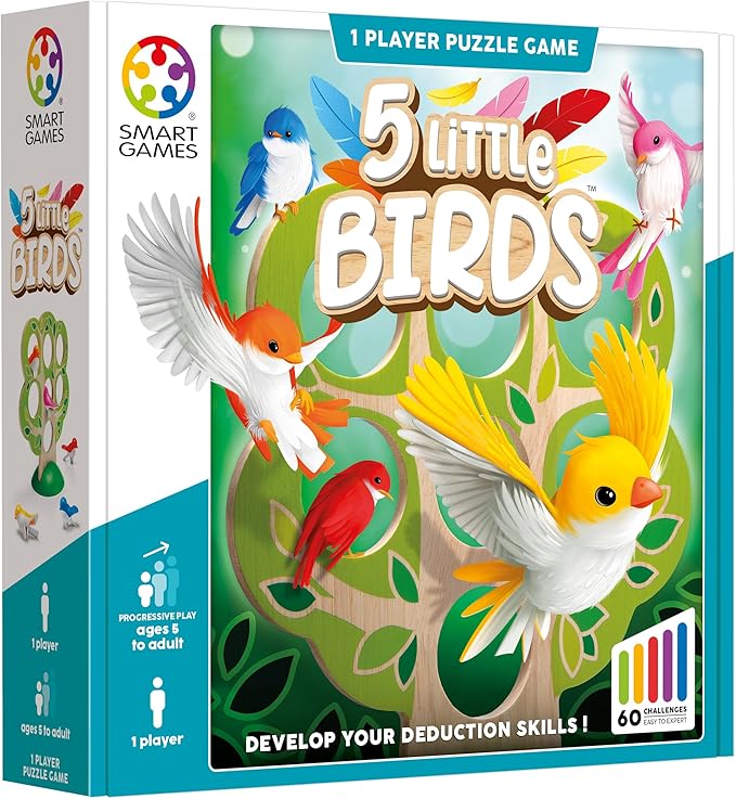SmartGames 5 Little Birds Wooden Logic Puzzle Game with 60 Challenges – Deduction Game for Ages 5+