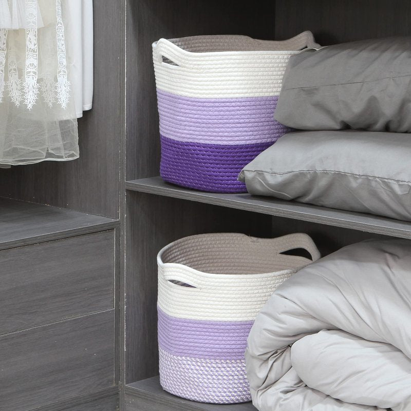 Sea Team Oval Large Cotton Rope Woven Storage Basket with Handles, Diaper Caddy, Baby Shower Basket, Nursery Nappies, Clothes Toys Organizer for Kid's Room, 16 x 13 inches, White & Lavender
