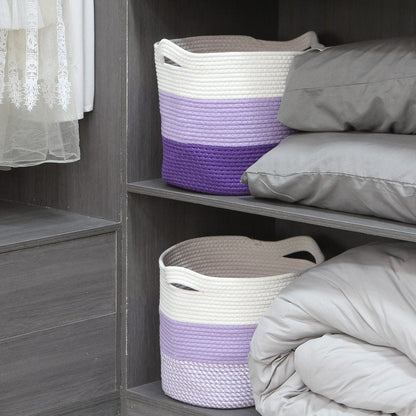 Sea Team Oval Large Cotton Rope Woven Storage Basket with Handles, Diaper Caddy, Baby Shower Basket, Nursery Nappies, Clothes Toys Organizer for Kid's Room, 16 x 13 inches, White & Lavender