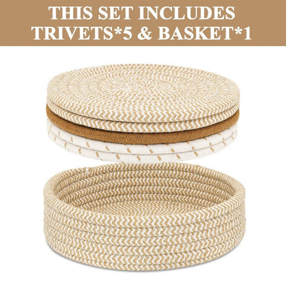 Trivets for Hot Dishes, Pots and Pans, Hot Pads with Storage Basket, Pot Holders for Kitchen, Heat Resistant Mat Protect Counter Home Essentials, Farmhouse Decor (Mix Brown 5 PCS)