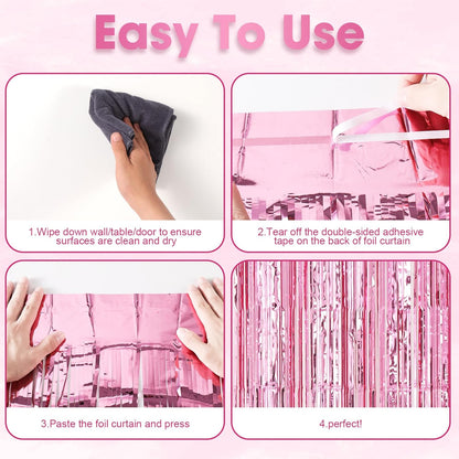 Voircoloria Light Pink Foil Fringe Backdrop Curtains - 3 Pack Tinsel Streamers for Parties & Events