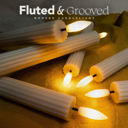 West Ivory 12 Pack, 10" LED Flameless Cream Beige Fluted Ribbed Grooved Taper Candles, Remote & 24h Timer Memory, On/Off Button, Dimmable, Flicker Mode, Battery Operated, Christmas Menorah Wedding