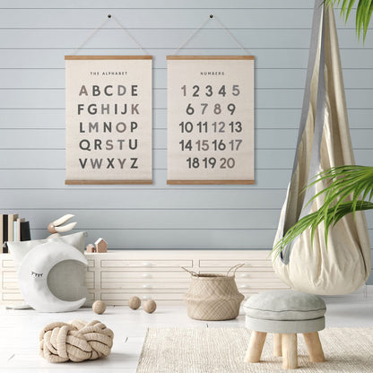 Bon et Beau 16 x 24 Inch Embroidered Alphabet Poster Framed with Wood Hanger - Neutral Gray Wall Decor for Boys Nursery, Bedroom, Playroom, Toddler and Kids Room