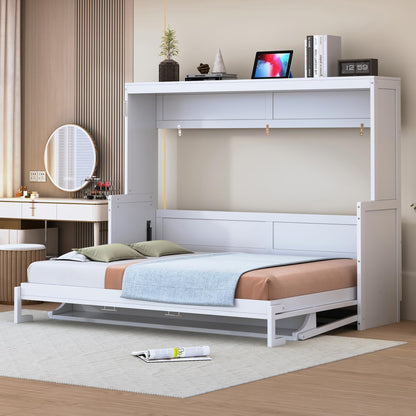 Ball & Cast Murphy Bed Full Size Hideaway Beds with Hydraulic Lift & Desk Design,Industrial Multifunction Wood Wall Cabinets Bedframe W/Hardware Chain,Space-Saving for Apartment,White