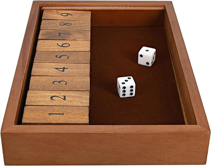 WE Games Shut The Box Game Wooden – 9 Number Flip Tiles with Dark Stained Wooden Box Perfect for Game Night Math Games Clackers Family Games Adult Dice Games Board Games for Adults 11 inches