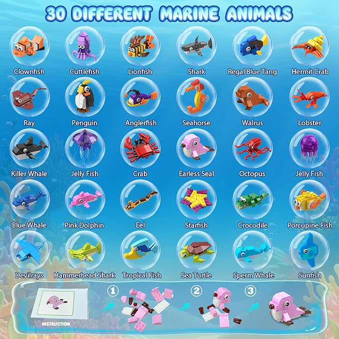 30 Pack Animals Easter Party Favors For Kids 824PCS Marine Animal Building Block Sets for Easter Basket Fillers Goodie Bags Stuffer Classroom Prizes Stocking Stuffers Birthday Gifts for Boys Girls 6+