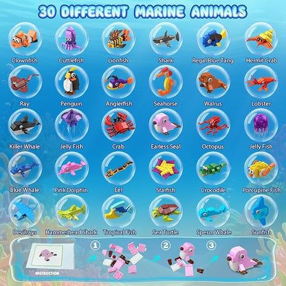 30 Pack Animals Easter Party Favors For Kids 824PCS Marine Animal Building Block Sets for Easter Basket Fillers Goodie Bags Stuffer Classroom Prizes Stocking Stuffers Birthday Gifts for Boys Girls 6+