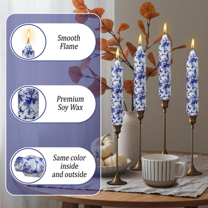 Floral Taper Candles 7inch Unscented Long Chinoiserie Candlesticks Marble Handmade Dripless Candle Sticks for Emergency, Wedding, Home Décor Festive Seasons Holiday 4pcs