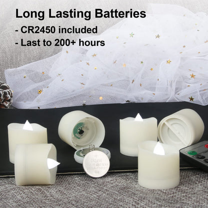 Flameless LED Tea Lights With Remote - Battery Operated Votive Candles With Timer, 200H, Unscented Outdoor Flickering White Flame - 1.3" Set of 6