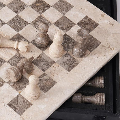 Marble Chess Set 15 Inches Handmade Travertine &amp Oceanic Luxury Board Games for Adults Ideal Marble Chess Board Game Set Chess Pieces &amp Storage Box for Gifts &amp Home Decor