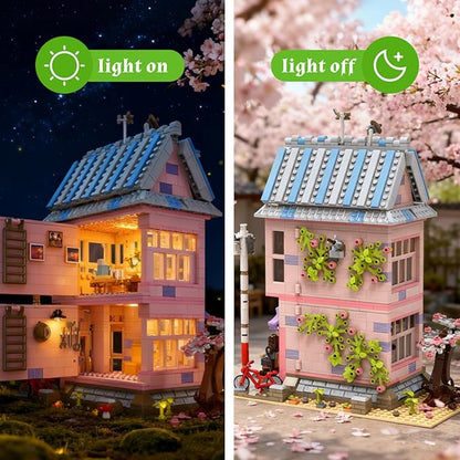 Cherry Blossom Pink House Building Set with LED Light Three Story Apartment with Study Greenhouse Cherry Blossom House Construction for Home Decor Birthday Gift for Adults Girls 12+ (1432 PCS