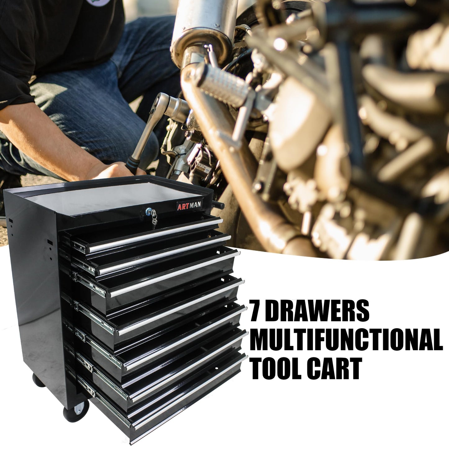 LKJYBG 7-Drawer Rolling Tool Cart Cabinet with Keyed Locking System High Capacity Tool Storage Cabinet Organizer with Wheels Black