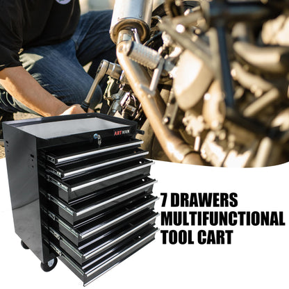 LKJYBG 7-Drawer Rolling Tool Cart Cabinet with Keyed Locking System High Capacity Tool Storage Cabinet Organizer with Wheels Black
