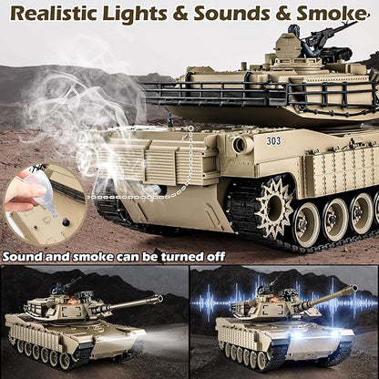 1/18 M1A2 Abrams RC Tank 2.4G Remote Control Tank That Shoot BBS with Smoke Sound and Lights 165ft Remote Control Army Model Toy Military All-Terrain Vehicle for Kids &amp Adults