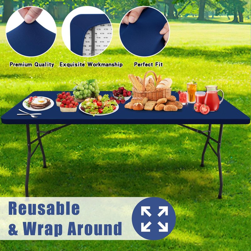 Moosfor Spandex 8 Foot Rectangle Table Cloth 6 Pack, Elastic Fitted Tablecloths for Picnic, Stretch Washable Patio Table Cover for Outdoor, Camping, Banquet and Parties (Navy, 30"x96")