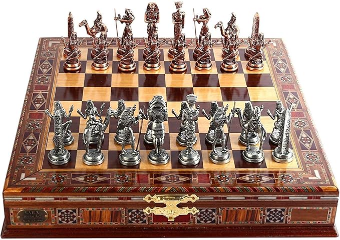 Egypt Pharaoh Antique Copper Figures Metal Chess Set for Adults Handmade Pieces and Natural Solid Wooden Chess Board with Pearl Design Around Board and Storage Inside King 3.4inc