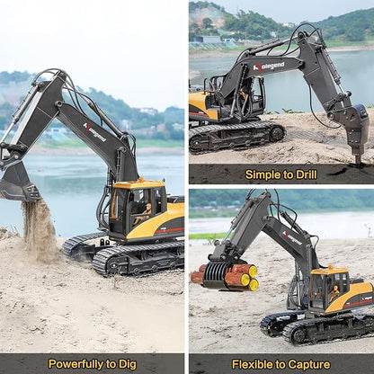 kolegend 3 in 1 Remote Control Excavator Toy 1/14 Scale RC Excavator 15 Channel Upgrade Full Functional Construction Vehicles with Tools Metal Breaker and Electric Gripper(Yellow/Black)