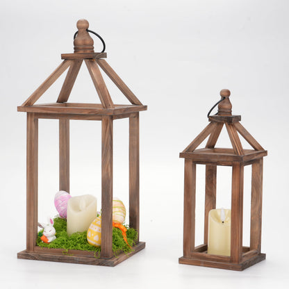 Romadedi Farmhouse Wood Candle Lantern - 12" / 16" Set of 2 Rustic Wooden Lanterns Decorative Candle Holder Home Decor Wedding Table Centerpiece Indoor Outdoor Fireplace Decorations, Brown