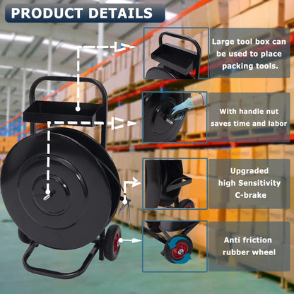 Heavy Duty Banding Strapping Cart & Dispenser - Fits 8" x 8"/16" x 16" Poly/Plastic Steel/Fibre Strapping - Built-in Tool Tray for Seals/Tensioner & Durable Frame (Black)