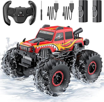 WayEee Remote Control Car Toys for Kids 6+ RC Car Waterproof Monster Truck Toys Amphibious 4X4 Pickup All Terrain Off-Road Vehicles 2.4GHz Remote Control 1/18 Scale RC Truck Boys Gifts/Red