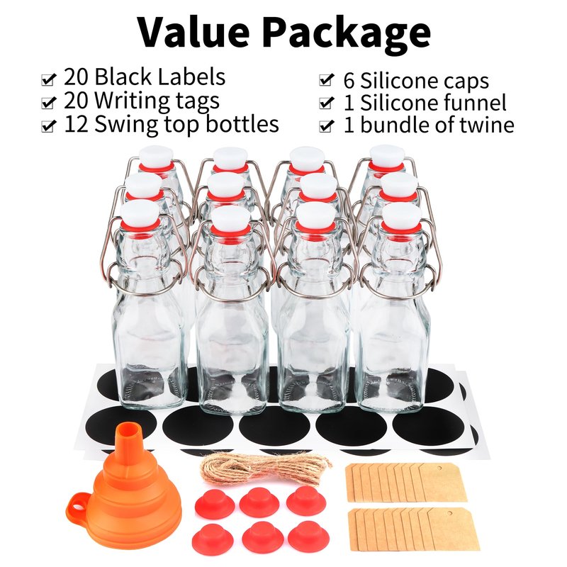 UrSpeedtekLive 12 Pack 4oz Swing Top Glass Bottles, 125ML Square Bottles with Airtight Stoppers for Kombucha, Kefir, Vanilla Extract, Beer(Bonus Gaskets, Labels and Funnel)