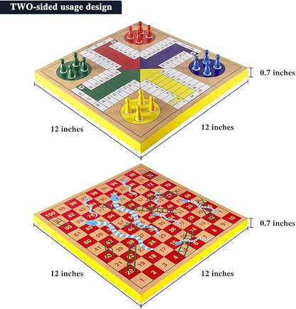 AMEROUS 12 inches Wooden Ludo Board Game - Snakes and Ladders 2 in 1 Reversible 1-4 Players Family Dice Games Set for Kids Adults Classics Tabletop Version (Gift Box Packed)